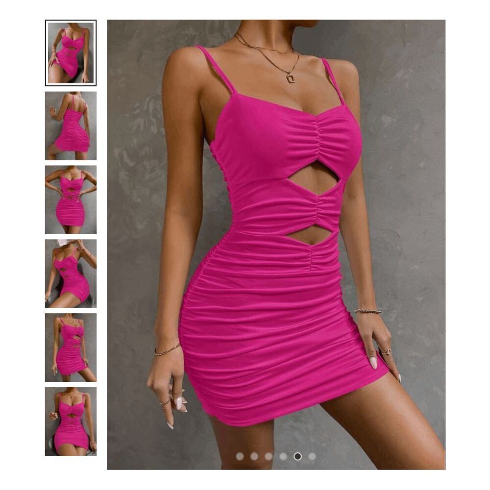 SHEIN Allurite Cut Out Ruched Cami Bodycon Dress Large Hot Pink Mini Summer Sexy